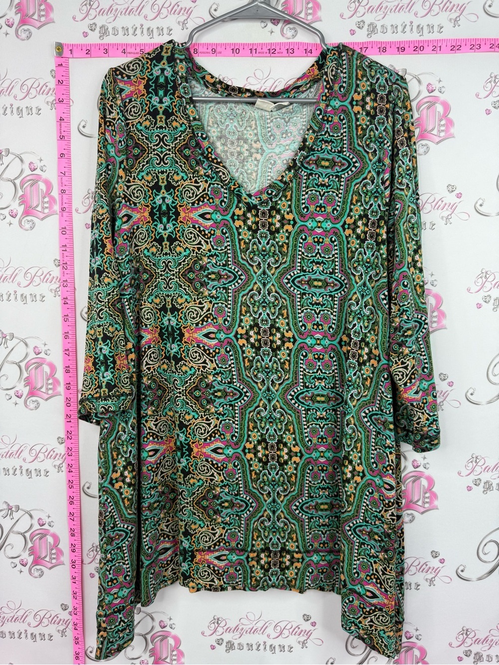 Artisan Ny mini dress or long top Teal, Pink & Gold Paisley V-Neck Tunic